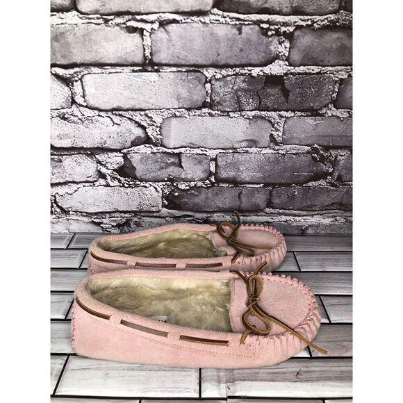 MINNETONKA Pink Rawhide Lace Cally Slip On Leather Moccasins Women Sz 8M US/39EU - Picture 5 of 16